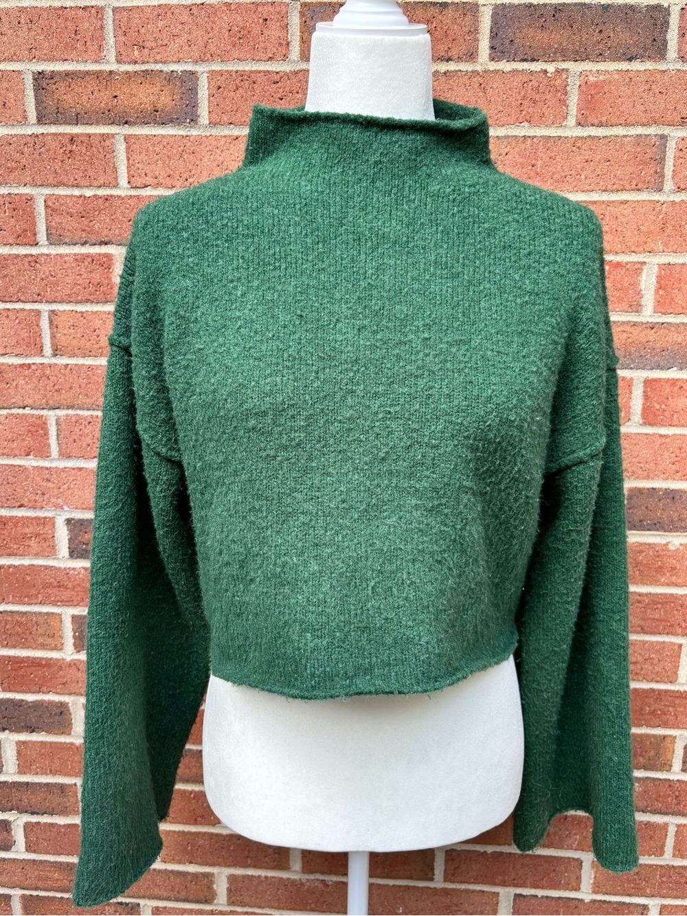 Free People Small Green Fuzzy Knit Cropped Funnel Neck Sweater